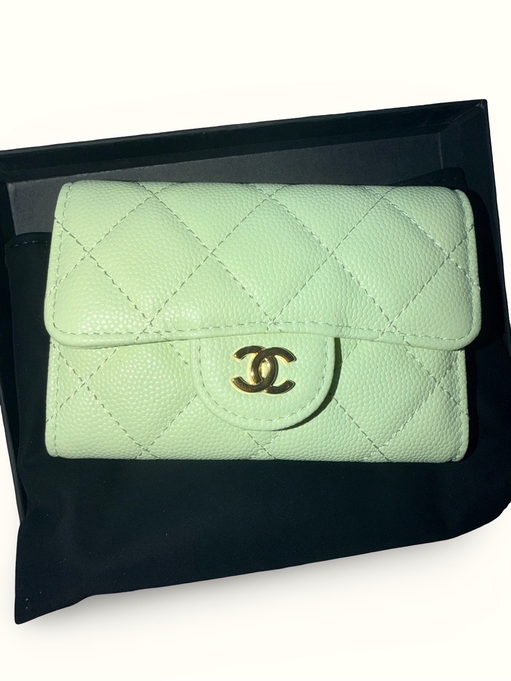 Quilted Caviar Leather Mini Wallet in Mint Green with Gold CC